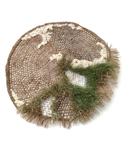 Circle of Life, rescued palm fishing net, palm leaves, raw wool