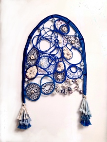 The Chapel, wall hanging, random weaving, wrapping, stitching, raw wool, wool yarn, cotton thread, glass pipes, steel wire